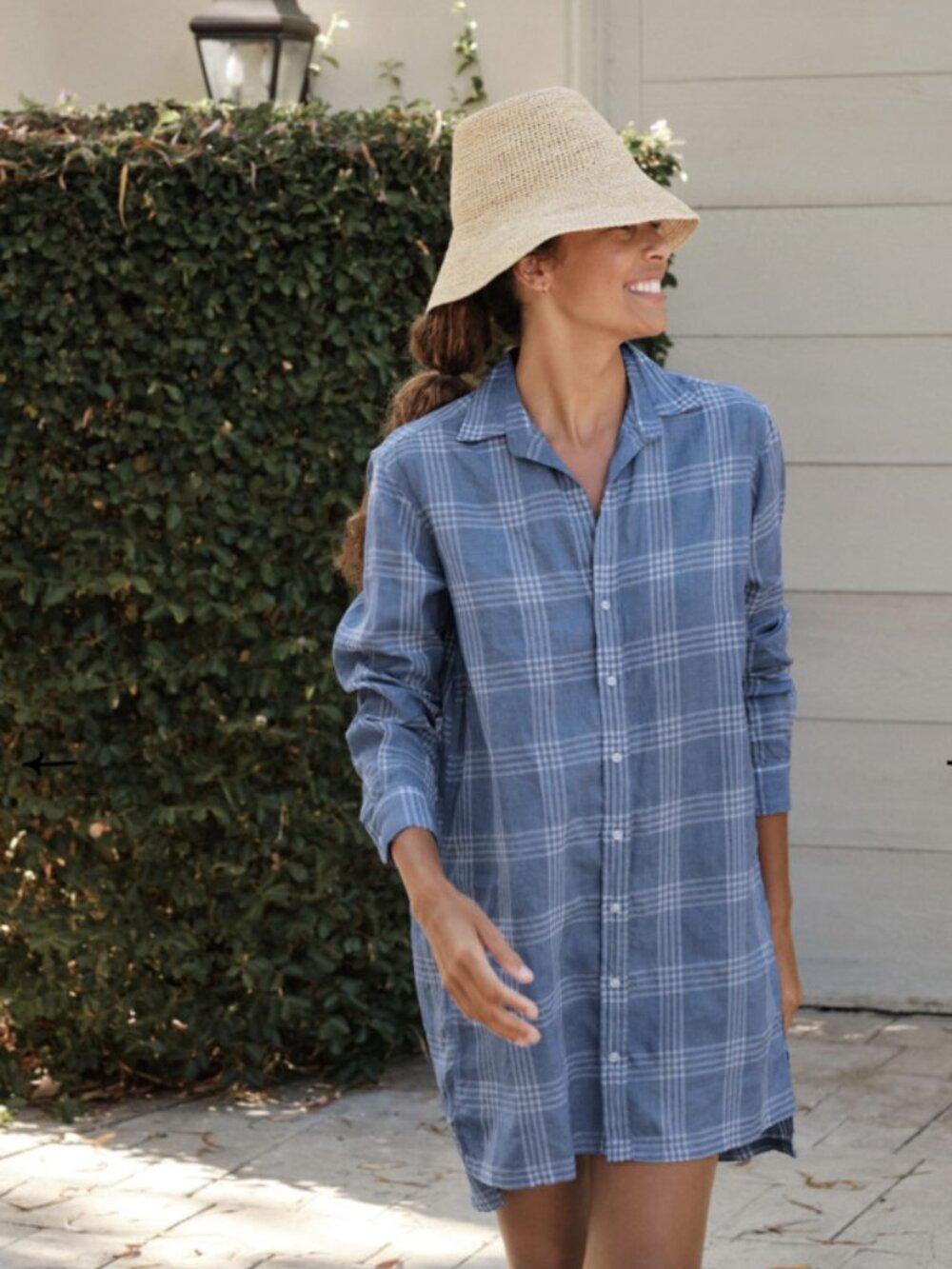 FRANK & EILEEN hunter linen blend shirt dress blue check plaid (M)